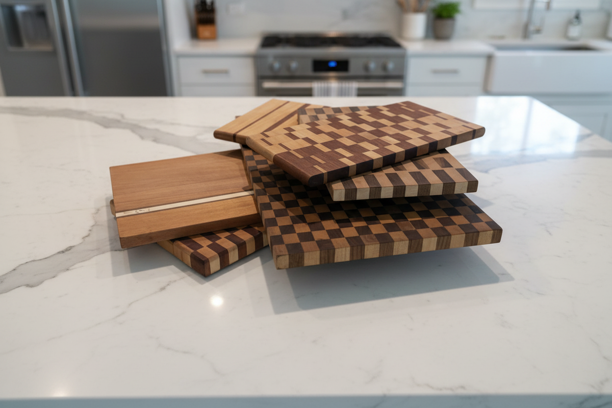Professional cutting boards on marble countertop